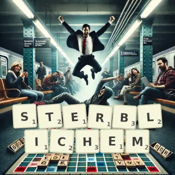 Kreative Illustration für ein Scrabble-Spiel, bei dem das Wort STERBLICHEM mit Steinen auf dem Brett gelegt wurde.