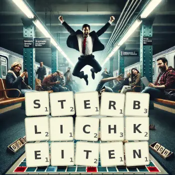 Kreative Illustration für ein Scrabble-Spiel, bei dem das Wort STERBLICHKEITEN mit Steinen auf dem Brett gelegt wurde.