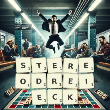 Kreative Illustration für ein Scrabble-Spiel, bei dem das Wort STEREODREIECK mit Steinen auf dem Brett gelegt wurde.