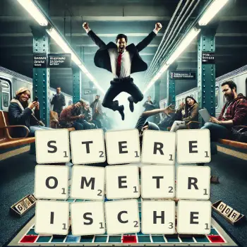 Kreative Illustration für ein Scrabble-Spiel, bei dem das Wort STEREOMETRISCHE mit Steinen auf dem Brett gelegt wurde.
