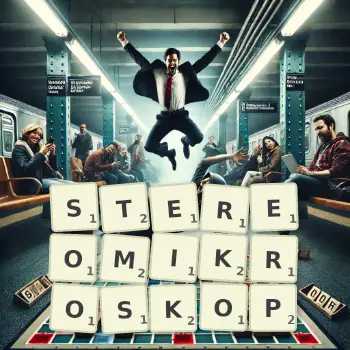 Kreative Illustration für ein Scrabble-Spiel, bei dem das Wort STEREOMIKROSKOP mit Steinen auf dem Brett gelegt wurde.