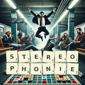 Kreative Illustration für ein Scrabble-Spiel, bei dem das Wort STEREOPHONIE mit Steinen auf dem Brett gelegt wurde.