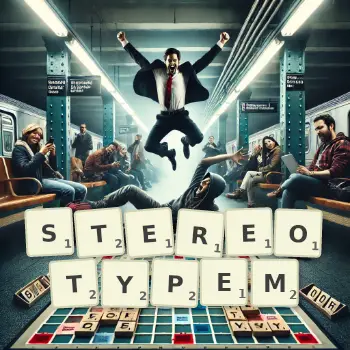 Kreative Illustration für ein Scrabble-Spiel, bei dem das Wort STEREOTYPEM mit Steinen auf dem Brett gelegt wurde.