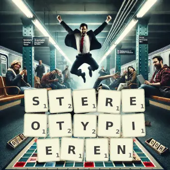 Kreative Illustration für ein Scrabble-Spiel, bei dem das Wort STEREOTYPIEREN mit Steinen auf dem Brett gelegt wurde.