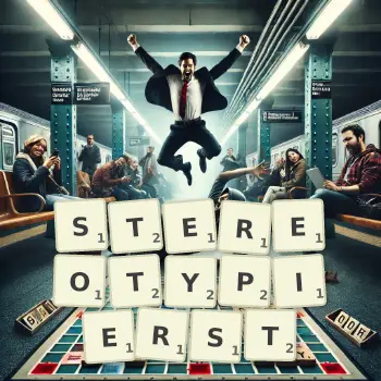 Kreative Illustration für ein Scrabble-Spiel, bei dem das Wort STEREOTYPIERST mit Steinen auf dem Brett gelegt wurde.