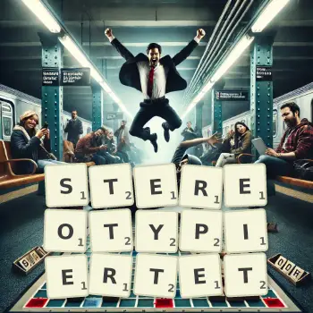 Kreative Illustration für ein Scrabble-Spiel, bei dem das Wort STEREOTYPIERTET mit Steinen auf dem Brett gelegt wurde.