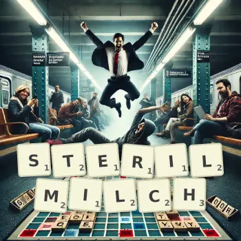 Kreative Illustration für ein Scrabble-Spiel, bei dem das Wort STERILMILCH mit Steinen auf dem Brett gelegt wurde.