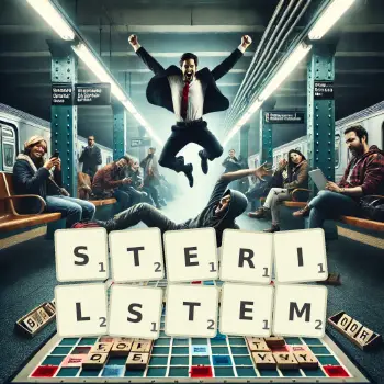 Kreative Illustration für ein Scrabble-Spiel, bei dem das Wort STERILSTEM mit Steinen auf dem Brett gelegt wurde.