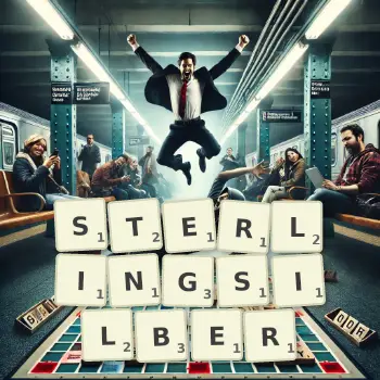 Kreative Illustration für ein Scrabble-Spiel, bei dem das Wort STERLINGSILBER mit Steinen auf dem Brett gelegt wurde.
