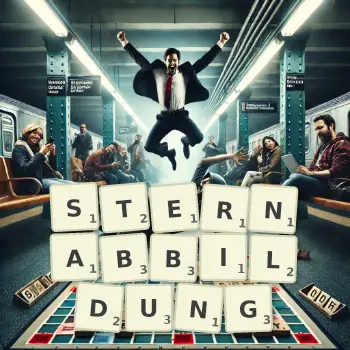 Kreative Illustration für ein Scrabble-Spiel, bei dem das Wort STERNABBILDUNG mit Steinen auf dem Brett gelegt wurde.