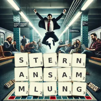 Kreative Illustration für ein Scrabble-Spiel, bei dem das Wort STERNANSAMMLUNG mit Steinen auf dem Brett gelegt wurde.