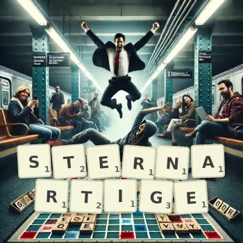 Kreative Illustration für ein Scrabble-Spiel, bei dem das Wort STERNARTIGE mit Steinen auf dem Brett gelegt wurde.