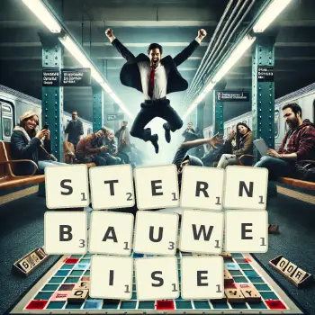 Kreative Illustration für ein Scrabble-Spiel, bei dem das Wort STERNBAUWEISE mit Steinen auf dem Brett gelegt wurde.