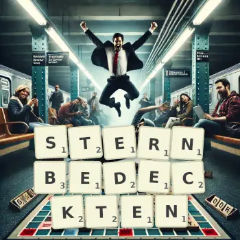 Kreative Illustration für ein Scrabble-Spiel, bei dem das Wort STERNBEDECKTEN mit Steinen auf dem Brett gelegt wurde.