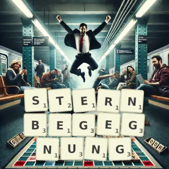 Kreative Illustration für ein Scrabble-Spiel, bei dem das Wort STERNBEGEGNUNG mit Steinen auf dem Brett gelegt wurde.