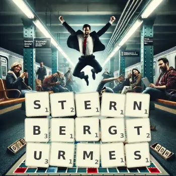 Kreative Illustration für ein Scrabble-Spiel, bei dem das Wort STERNBERGTURMES mit Steinen auf dem Brett gelegt wurde.