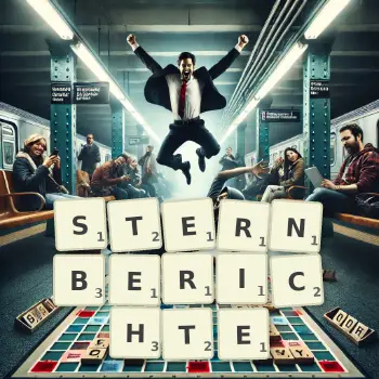 Kreative Illustration für ein Scrabble-Spiel, bei dem das Wort STERNBERICHTE mit Steinen auf dem Brett gelegt wurde.