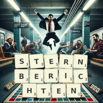 Kreative Illustration für ein Scrabble-Spiel, bei dem das Wort STERNBERICHTEN mit Steinen auf dem Brett gelegt wurde.