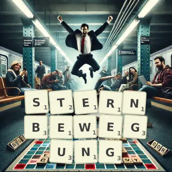 Kreative Illustration für ein Scrabble-Spiel, bei dem das Wort STERNBEWEGUNG mit Steinen auf dem Brett gelegt wurde.