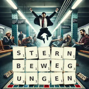 Kreative Illustration für ein Scrabble-Spiel, bei dem das Wort STERNBEWEGUNGEN mit Steinen auf dem Brett gelegt wurde.