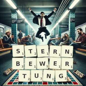 Kreative Illustration für ein Scrabble-Spiel, bei dem das Wort STERNBEWERTUNG mit Steinen auf dem Brett gelegt wurde.