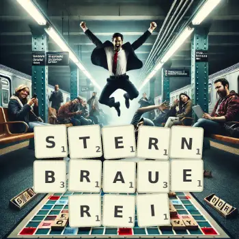 Kreative Illustration für ein Scrabble-Spiel, bei dem das Wort STERNBRAUEREI mit Steinen auf dem Brett gelegt wurde.