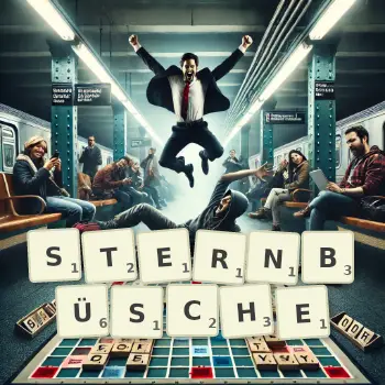 Kreative Illustration für ein Scrabble-Spiel, bei dem das Wort STERNBÜSCHE mit Steinen auf dem Brett gelegt wurde.