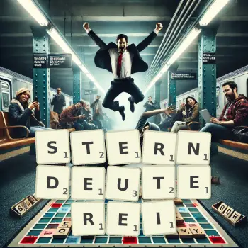 Kreative Illustration für ein Scrabble-Spiel, bei dem das Wort STERNDEUTEREI mit Steinen auf dem Brett gelegt wurde.