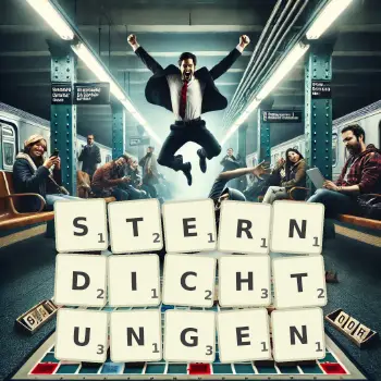 Kreative Illustration für ein Scrabble-Spiel, bei dem das Wort STERNDICHTUNGEN mit Steinen auf dem Brett gelegt wurde.