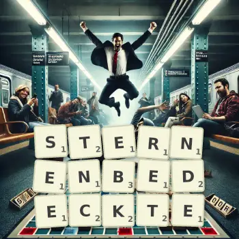 Kreative Illustration für ein Scrabble-Spiel, bei dem das Wort STERNENBEDECKTE mit Steinen auf dem Brett gelegt wurde.
