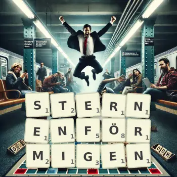 Kreative Illustration für ein Scrabble-Spiel, bei dem das Wort STERNENFÖRMIGEN mit Steinen auf dem Brett gelegt wurde.