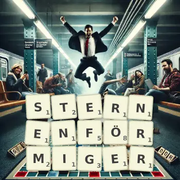 Kreative Illustration für ein Scrabble-Spiel, bei dem das Wort STERNENFÖRMIGER mit Steinen auf dem Brett gelegt wurde.