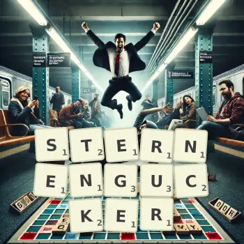 Kreative Illustration für ein Scrabble-Spiel, bei dem das Wort STERNENGUCKER mit Steinen auf dem Brett gelegt wurde.