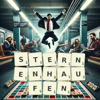Kreative Illustration für ein Scrabble-Spiel, bei dem das Wort STERNENHAUFEN mit Steinen auf dem Brett gelegt wurde.