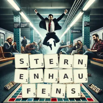 Kreative Illustration für ein Scrabble-Spiel, bei dem das Wort STERNENHAUFENS mit Steinen auf dem Brett gelegt wurde.