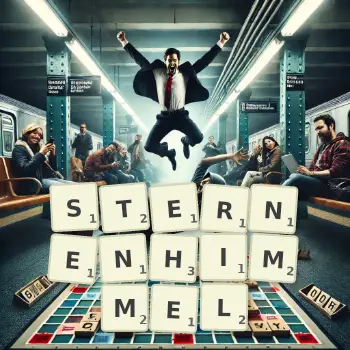 Kreative Illustration für ein Scrabble-Spiel, bei dem das Wort STERNENHIMMEL mit Steinen auf dem Brett gelegt wurde.