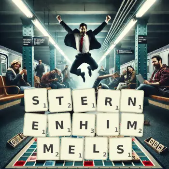 Kreative Illustration für ein Scrabble-Spiel, bei dem das Wort STERNENHIMMELS mit Steinen auf dem Brett gelegt wurde.