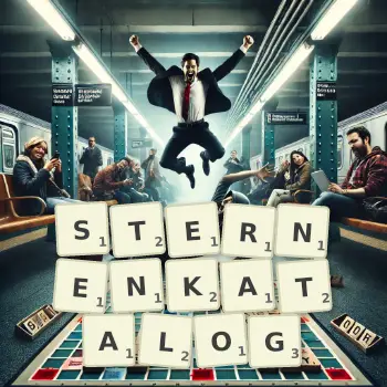 Kreative Illustration für ein Scrabble-Spiel, bei dem das Wort STERNENKATALOG mit Steinen auf dem Brett gelegt wurde.