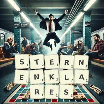 Kreative Illustration für ein Scrabble-Spiel, bei dem das Wort STERNENKLARES mit Steinen auf dem Brett gelegt wurde.