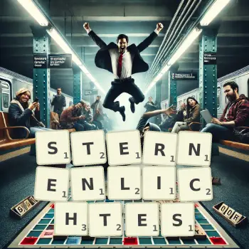 Kreative Illustration für ein Scrabble-Spiel, bei dem das Wort STERNENLICHTES mit Steinen auf dem Brett gelegt wurde.