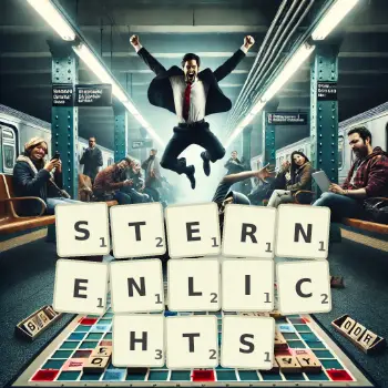 Kreative Illustration für ein Scrabble-Spiel, bei dem das Wort STERNENLICHTS mit Steinen auf dem Brett gelegt wurde.