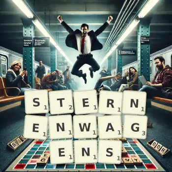 Kreative Illustration für ein Scrabble-Spiel, bei dem das Wort STERNENWAGENS mit Steinen auf dem Brett gelegt wurde.