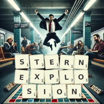 Kreative Illustration für ein Scrabble-Spiel, bei dem das Wort STERNEXPLOSION mit Steinen auf dem Brett gelegt wurde.