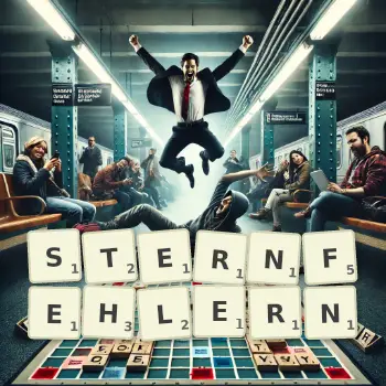 Kreative Illustration für ein Scrabble-Spiel, bei dem das Wort STERNFEHLERN mit Steinen auf dem Brett gelegt wurde.