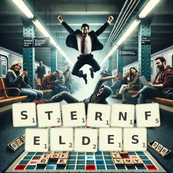 Kreative Illustration für ein Scrabble-Spiel, bei dem das Wort STERNFELDES mit Steinen auf dem Brett gelegt wurde.