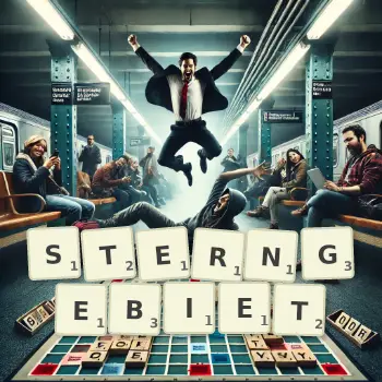 Kreative Illustration für ein Scrabble-Spiel, bei dem das Wort STERNGEBIET mit Steinen auf dem Brett gelegt wurde.