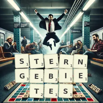 Kreative Illustration für ein Scrabble-Spiel, bei dem das Wort STERNGEBIETES mit Steinen auf dem Brett gelegt wurde.