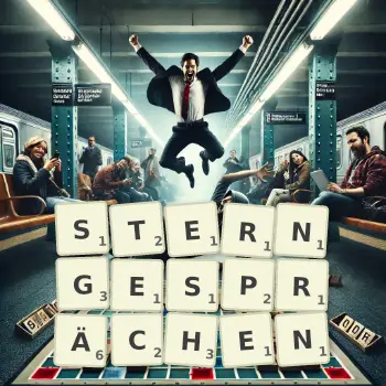 Kreative Illustration für ein Scrabble-Spiel, bei dem das Wort STERNGESPRÄCHEN mit Steinen auf dem Brett gelegt wurde.