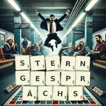 Kreative Illustration für ein Scrabble-Spiel, bei dem das Wort STERNGESPRÄCHS mit Steinen auf dem Brett gelegt wurde.