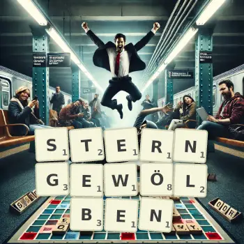 Kreative Illustration für ein Scrabble-Spiel, bei dem das Wort STERNGEWÖLBEN mit Steinen auf dem Brett gelegt wurde.